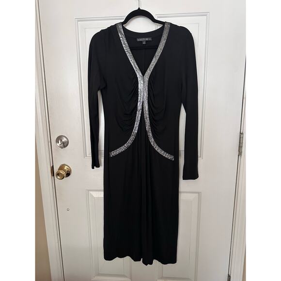 Lafayette 148 Dress Shimmer Metallic Silver Trim Ruched Midi Black Women's Sz 10 - Picture 5 of 9